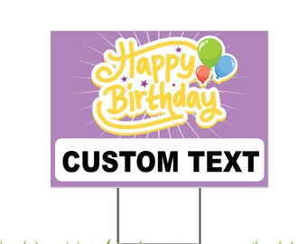 Plaque de jardin personnalisée Happy Birthday : ballons violets et jaunes (36 x 24 pouces)