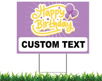 Signe personnalisé joyeux anniversaire, jaune et violet, 36x24-pouces Yard Sign Metal Stakes Inclus
