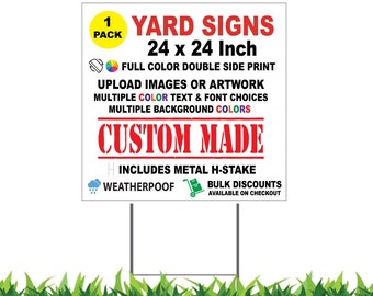 Custom Yard Sign, 24x24-inch, Bulk Pack Selection, Double Sided, H-Stake Included, design online, upload images, customize text and logo