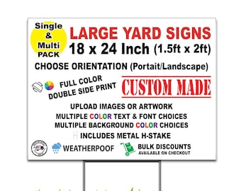 Custom Yard Sign, Full Color Double Sided, H-Stake Included, Outdoor Weatherproof, (24x18", 18x12", 36x24")
