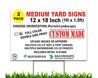 Custom Yard Sign, 18x12-inch, Bulk Pack Selection, Double Sided, H-Stake Included, design online, upload images, customize text and logo
