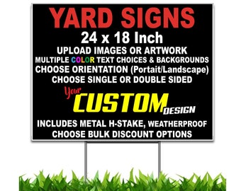 Personalize Custom Black Background Yard Sign 24 x 18, or 36 x 24 inch design online, upload images, customize text and logos