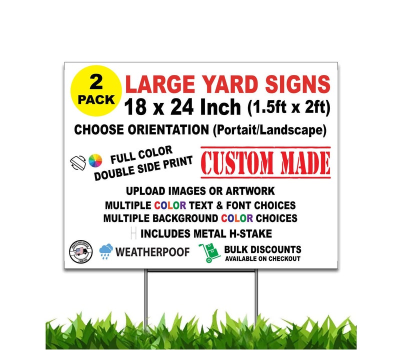 Custom Yard Sign, 24 x 18-inch, Bulk Pack Selection, Double Sided, H-Stake Included, design online, upload images, customize text and logo zdjęcie 1