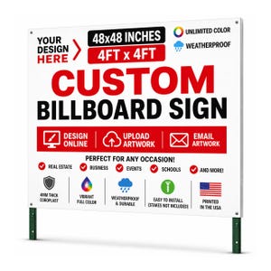 Custom Large Yard Sign, Billboard Signs, Outdoor, Weatherproof Corrugated Plastic, 48x48 inch (4ftx4ft)