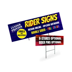 Custom Rider Sign: Printed Double Sided, Weatherproof, Optional H-Stakes & Rider Pins