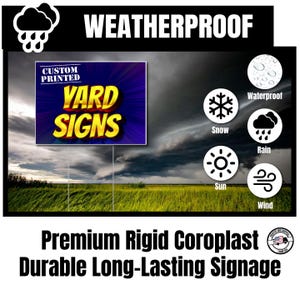Weatherproof custom yard sign built to withstand rain, snow, sun, and wind, perfect for outdoor use year-round.