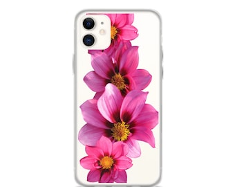 Puede incluir: Una funda transparente para teléfono con un diseño de flores rosas. Las flores están dispuestas verticalmente y están enfocadas.