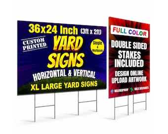 Custom Large Yard Sign 36x24 inch, Double Sided, Weatherproof, Metal H-Stakes Included