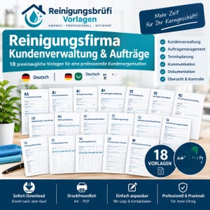 Op de afbeelding: Een verzameling van 18 zakelijke documentsjablonen voor schoonmaakbedrijven, met formulieren voor klantbeheer, planning en documentatie. De witte pagina's met blauwe tekst worden getoond onder een donkerblauwe banner met Duitse tekst en een cirkelvormige badge voor 18 sjablonen.