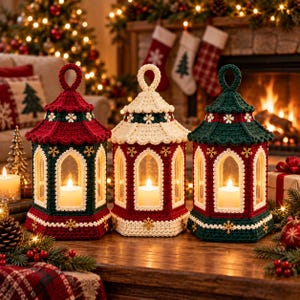 May include: Three hexagonal lanterns with crocheted covers in red, cream, and dark green. Each lantern features a pointed roof, a top loop, and arched windows revealing a white pillar candle inside. The covers are decorated with small gold snowflakes.
