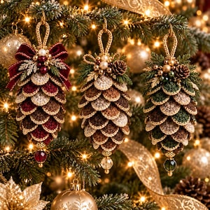 May include: Three hanging pinecone ornaments crafted from crochet, each featuring layered scales in shades of burgundy, brown, and green. The ornaments are topped with decorative bows, faux pearls, and pine needles, and finished with dangling crystal beads.