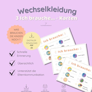 Könnte beinhalten: Drei weiße rechteckige Karten mit dem deutschen Text Ich brauche, die farbige runde Symbole von Kleidungsstücken wie Hosen, Oberteilen und Socken zeigen. Die Karten enthalten Kästchen zum Ankreuzen auf einem hellvioletten Hintergrund.