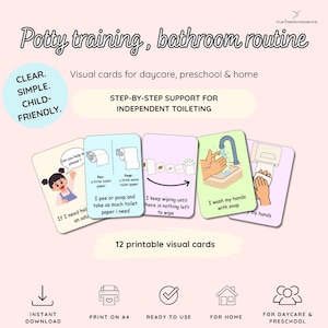 Könnte beinhalten: Ein Set aus 12 druckbaren Bildkarten für das Töpfchentraining und die Badezimmerroutine. Die Karten enthalten farbenfrohe Illustrationen und schriftliche Anleitungen für die selbstständige Toilettennutzung, Händewaschen und Abwischen.