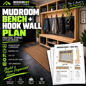 May include: A digital project plan for a mudroom bench and hook wall, featuring a large wooden unit with storage cubbies and coat hooks. The document includes a front view, side view, and a material list with dimensions in inches, 72 by 84 inches.