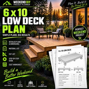 May include: A digital project planner for a 6 x 10 low deck featuring a wooden deck illustration, step-by-step instructions, a material list, a cut list, and a cost worksheet. The document includes technical diagrams with dimensions in feet and inches.