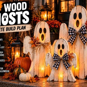 Puede incluir: Tres siluetas de fantasmas de madera blanca envejecida con ojos y bocas ovaladas negras, decoradas con lazos de cuadros vichy en blanco y negro y follaje otoñal. El texto dice DIY WOOD GHOSTS COMPLETE BUILD PLAN con detalles de planos y listas.