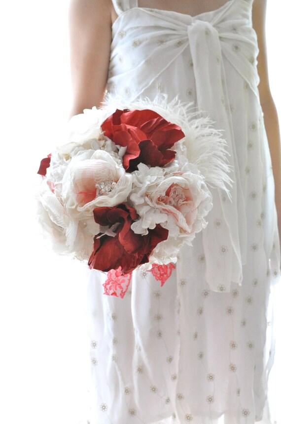 Items similar to Red and white paper and fabric flower bouquet, red and