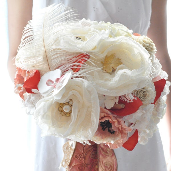 Deposit for Rachel, Orange Mango calla paper flower bouquet with apricot and shabby chic creamy gold accents