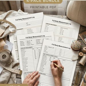Pode incluir: Um pacote de quatro páginas em PDF imprimível intitulado Full Body Measurement Log para costura. Os documentos apresentam tabelas para registrar as medidas da parte superior e inferior do corpo, detalhes da peça e anotações.
