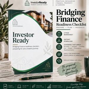 May include: A white and dark green InvestorReady Bridging Finance Readiness Checklist booklet with a house image on the cover. The text includes 'Investor Ready', 'Bridging Finance Readiness Checklist', and 'Prepare, Plan, Progress'. A pen lies in front.