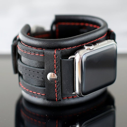 Black Leather Apple Watch Cuff Wide Leather Watch Band for Etsy