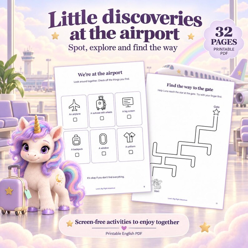 May include: A 32-page printable PDF activity book titled Little discoveries at the airport. The pages feature a unicorn character, a scavenger hunt with icons like an airplane and suitcase, and a maze activity to find the way to the gate.