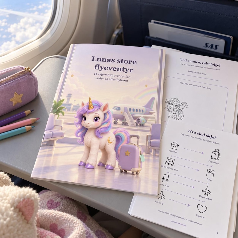 Pu&ograve; includere: Un libro di attivit&agrave; per bambini intitolato Lunas store flyeventyr con un unicorno dai crini viola e una piccola valigia. La copertina mostra una scena aeroportuale con un aereo. Accanto ci sono matite colorate e un astuccio viola.