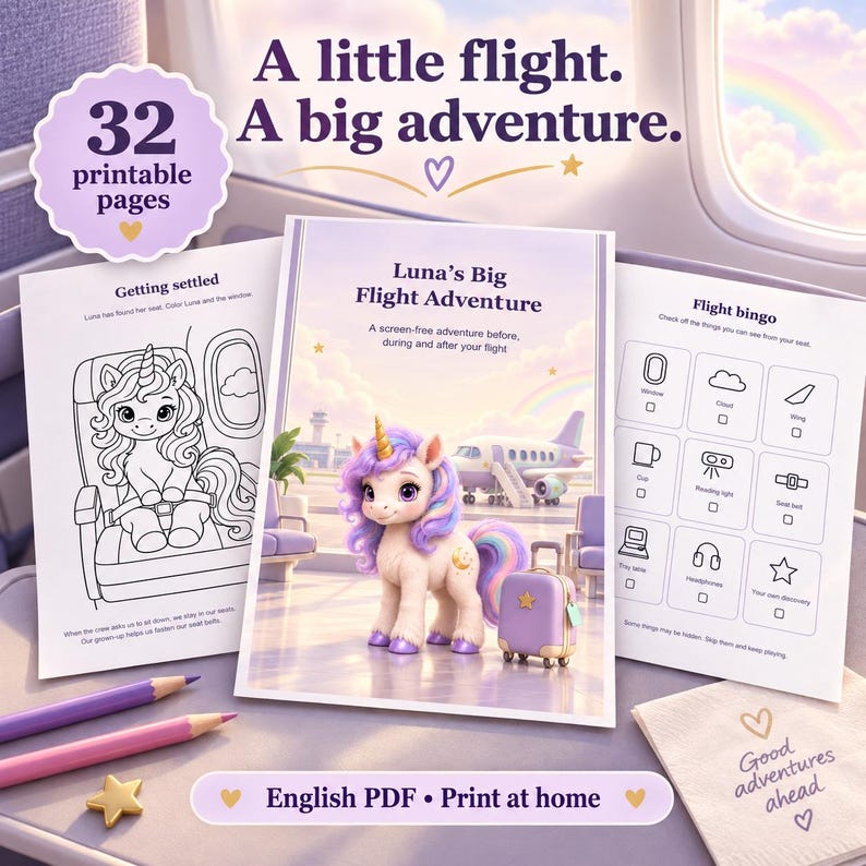 May include: A set of 32 printable activity pages titled Luna's Big Flight Adventure, featuring a unicorn character, coloring sheets, and flight bingo. The pages include text such as A little flight. A big adventure. and Good adventures ahead.