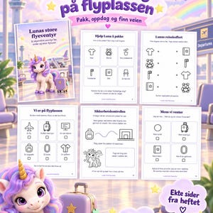 Pu&ograve; includere: Un libro di attivit&agrave; per bambini intitolato F&oslash;r reisen og p&aring; flyplassen con un personaggio unicorno viola chiamato Luna. Le pagine contengono illustrazioni in bianco e nero, giochi di abbinamento e liste per la preparazione al viaggio.