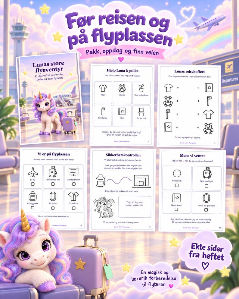 Pu&ograve; includere: Un libro di attivit&agrave; per bambini intitolato F&oslash;r reisen og p&aring; flyplassen con un personaggio unicorno viola chiamato Luna. Le pagine contengono illustrazioni in bianco e nero, giochi di abbinamento e liste per la preparazione al viaggio.
