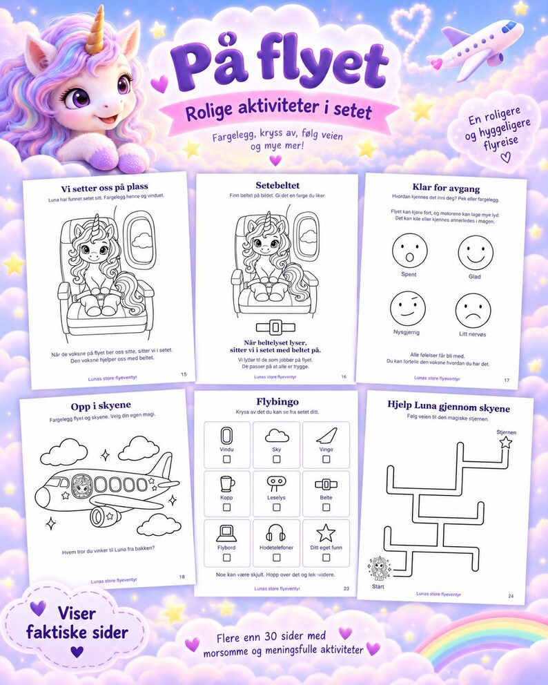 Pu&ograve; includere: Un libro di attivit&agrave; per bambini intitolato P&aring; flyet con un unicorno dei cartoni animati chiamato Luna. La copertina mostra sei pagine di attivit&agrave; in bianco e nero tra cui colorare, bingo e un labirinto su uno sfondo di cielo viola con nuvole.