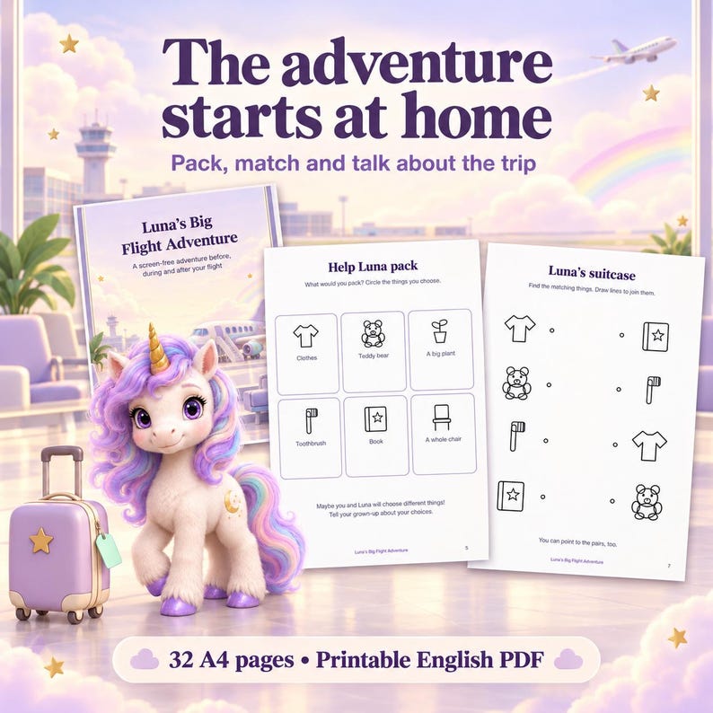 May include: A printable activity set titled The adventure starts at home, featuring a unicorn character with purple and pink hair, a small purple suitcase, and two activity sheets with line drawings of items like clothes, a teddy bear, and a book.