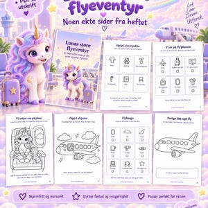 Pu&ograve; includere: Un libro di attivit&agrave; digitale intitolato Lunas store flyeventyr contenente 32 pagine A4 da stampare. Le pagine includono attivit&agrave; da colorare, liste di controllo e giochi con illustrazioni di un unicorno, aerei e icone a tema viaggio.