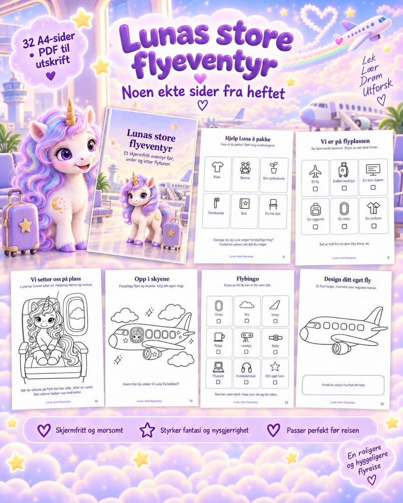 Pu&ograve; includere: Un libro di attivit&agrave; digitale intitolato Lunas store flyeventyr contenente 32 pagine A4 da stampare. Le pagine includono attivit&agrave; da colorare, liste di controllo e giochi con illustrazioni di un unicorno, aerei e icone a tema viaggio.