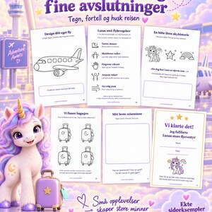 Pu&ograve; includere: Un libro di attivit&agrave; per bambini con pagine che mostrano illustrazioni di un aereo, valigie e un unicorno. Il testo include titoli come Kreative sider og fine avslutninger, Design ditt eget fly e Vi klarte det, accanto a un personaggio unicorno 3D.
