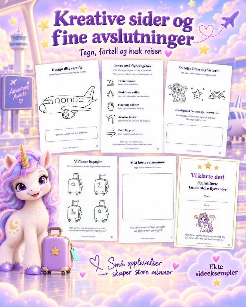Pu&ograve; includere: Un libro di attivit&agrave; per bambini con pagine che mostrano illustrazioni di un aereo, valigie e un unicorno. Il testo include titoli come Kreative sider og fine avslutninger, Design ditt eget fly e Vi klarte det, accanto a un personaggio unicorno 3D.