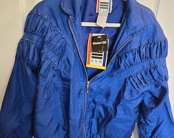 Vintage 90-tals siden- och pärljacka i liten blå för kvinnor