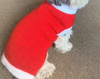 Hand knitted Christmas Dog Jumper ~ Small Dog Clothing ~ Red Sparkles and White.