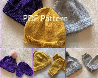 Hat and Wrist warmers ~ Easy Knit ~ Two styles of hat ~ PDF Knitting pattern ~ ENGLISH