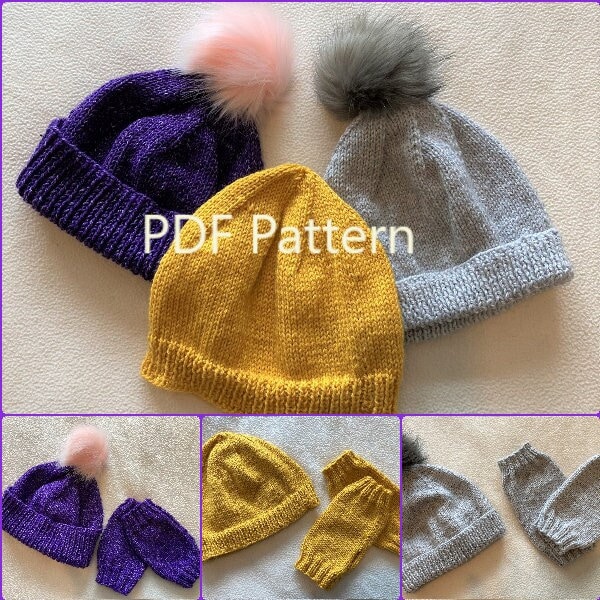 Hat and Wrist warmers ~ Easy Knit ~ Two styles of hat ~ PDF Knitting pattern ~ ENGLISH