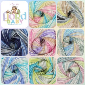 May include: Nine skeins of Fjord Baby double knitting yarn in a grid arrangement. The yarn displays a variety of pastel shades, including blues, pinks, yellows, and greens. The King Cole logo is visible in the top left corner of the image.