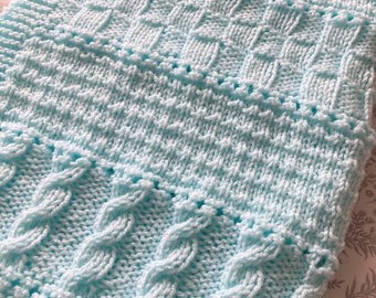Hand crocheted baby's Chunky blanket /car seat/pram/crib blue and white dk wool. 