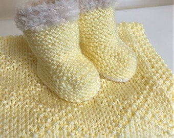 Hand knitted cosy boots & blanket set for new baby ~ Lemon