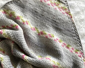 Beautiful Hand Knitted Baby Blanket ~ Chunky Yarn ~ Grey & Blossom Colours ~ Easy Care