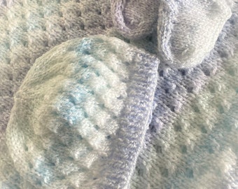 Hand knitted cosy blanket, hat & bootees set for new baby ~ Blue Marble.