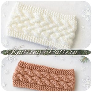 May include: Two knitted headbands, one in cream and the other in a muted rose color, are displayed. The cream-colored headband features a textured, woven design, while the rose-colored one has a cable knit pattern. The words "Knitting Pattern" are written across the image.