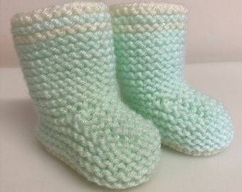 Hand knitted cosy winter boots for new baby ~ Pale mint and cream