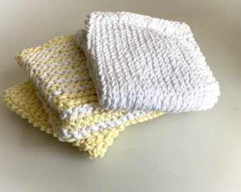 Three Hand knitted cotton kitchen cloths / washcloths ~ Fresh Colours ~ 100% Cotton ~ Washable / Reusable