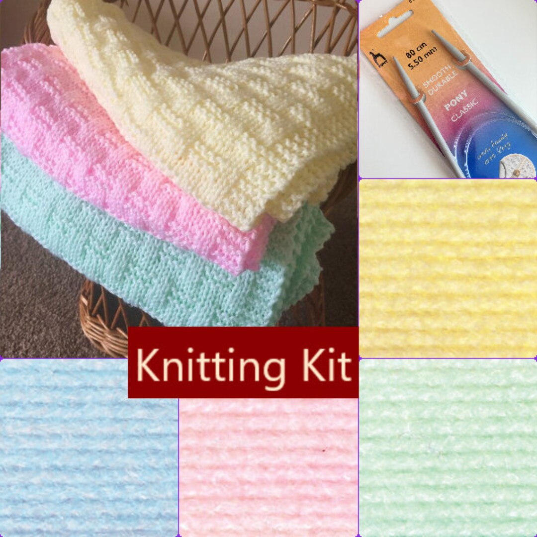 Knitting Kit Easy Weave Baby Blanket Pattern, DK Baby Yarn & Needles