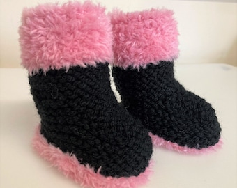 Hand knitted cosy winter boots for new baby ~ Pink / Black